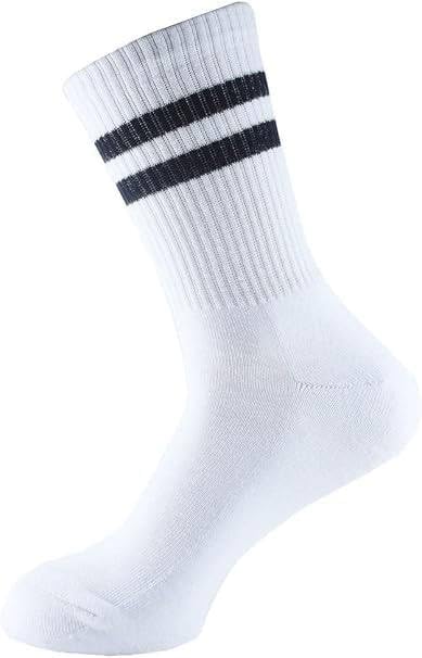 Athletic Crew Socks, White with Black Stripes, Cotton Blend