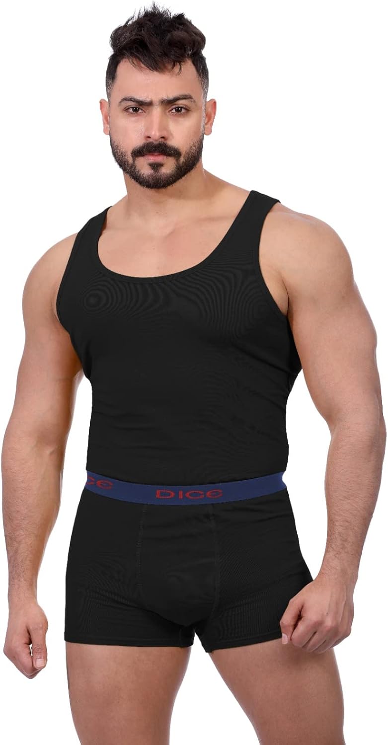 Dice Mens Round-Neck Sleeveless Contrast Elastic Waist Boxer Briefs Underwear Set (pack of 3)