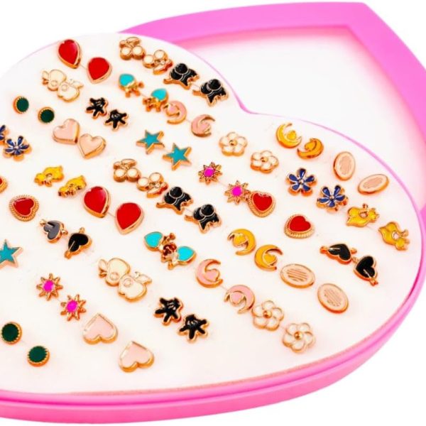 36 Pairs Girls Hypoallergenic Stud Earrings Set With Box - Multiple Styles and Sizes PVC Ear Studs - Gift for Women and Girls
