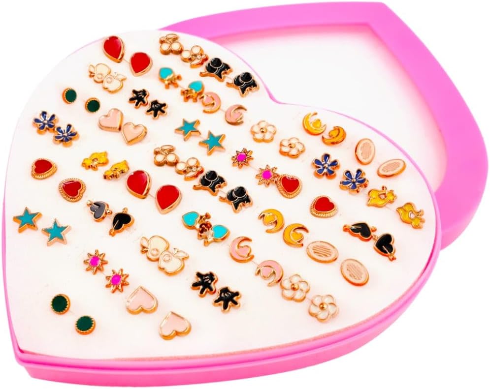 36 Pairs Girls Hypoallergenic Stud Earrings Set With Box - Multiple Styles and Sizes PVC Ear Studs - Gift for Women and Girls