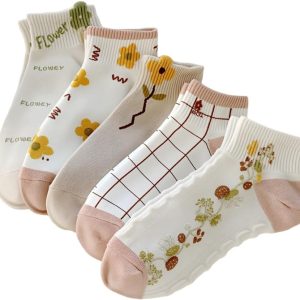 Pack Of Ankle Socks, Made Of Cotton With Delicate Designs For Women Very Comfortable Foot Socks 5 Pairs + 1 Gift Free Size From 35 To 43