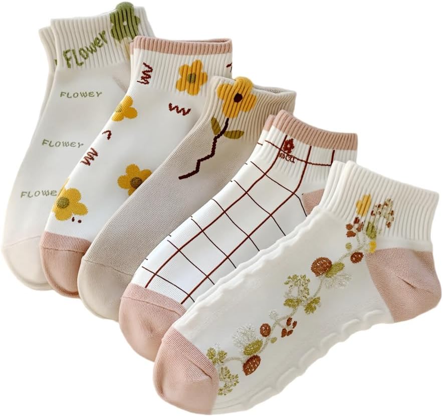 Pack Of Ankle Socks, Made Of Cotton With Delicate Designs For Women Very Comfortable Foot Socks 5 Pairs + 1 Gift Free Size From 35 To 43