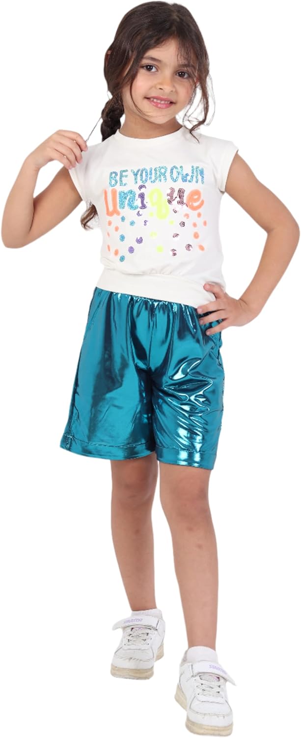 Girls Set T-Shirt with Shorts Metallic Fashion Outerwear Girls Casual Summer Fashion Light Bright Colors Bold Comfortable Materials Code 2006