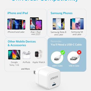 ⁦Anker USB C Charger, 20W Fast Charger with Foldable Plug, PowerPort III 20W Cube Charger for iPhone 14/14 Plus/14 Pro/14 Pro Max/13, Galaxy, Pixel 4/3, iPad/iPad Mini, Charging Cable is not included⁩ - الصورة ⁦6⁩