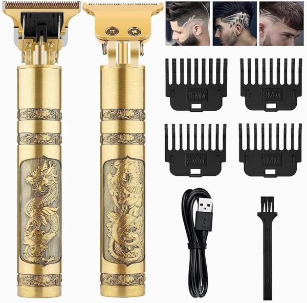 T99 Cordless Hair Trimmer for Men, Professional Golden Dragon Shape Electric Shaver USB Rechargeable Beard Hair Mustache Trimmer with 4 Guide Combs