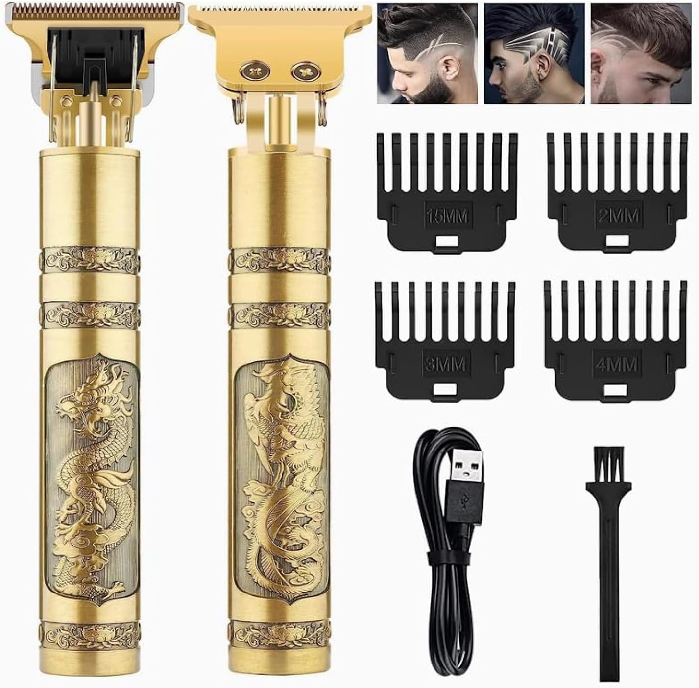 T99 Cordless Hair Trimmer for Men, Professional Golden Dragon Shape Electric Shaver USB Rechargeable Beard Hair Mustache Trimmer with 4 Guide Combs
