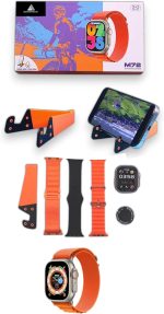 ساعة ذكية M72 بشاشة HD 49 ملم من ادهوماكس، تصميم أنيق، إيماءات عصرية، حامل موبايل، ميدالية حلقية، 3 أساور، تتبع اللياقة البدنية ونبضات القلب، المكالمات، شحن لاسلكي، مراقب الأكسجين، IOS، Android، ذهبي