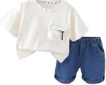Boys Outerwear Set - 2 Piece Front Pocket T Shirt with Side Pockets Denim Shorts Fashion Comfortable Design for Boys (White, 6 (5-6 Years)