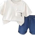 Boys Outerwear Set - 2 Piece Front Pocket T Shirt with Side Pockets Denim Shorts Fashion Comfortable Design for Boys (White, 6 (5-6 Years)