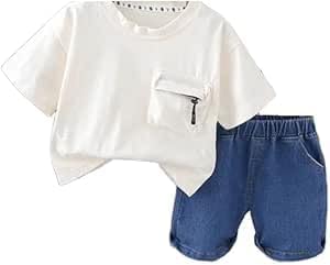 Boys Outerwear Set - 2 Piece Front Pocket T Shirt with Side Pockets Denim Shorts Fashion Comfortable Design for Boys (White, 6 (5-6 Years)