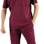 Mens Summer Printed Short Sleeve Seven Neck Long Pants Pajama Set - Maroon