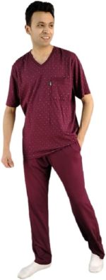 Mens Summer Printed Short Sleeve Seven Neck Long Pants Pajama Set - Maroon