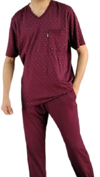 Mens Summer Printed Short Sleeve Seven Neck Long Pants Pajama Set - Maroon
