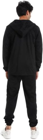 ⁦Men's Athletic Tracksuit Set, Black with White Trim, Hooded Zip-Up Jacket and Jogger Pants⁩ - الصورة ⁦3⁩
