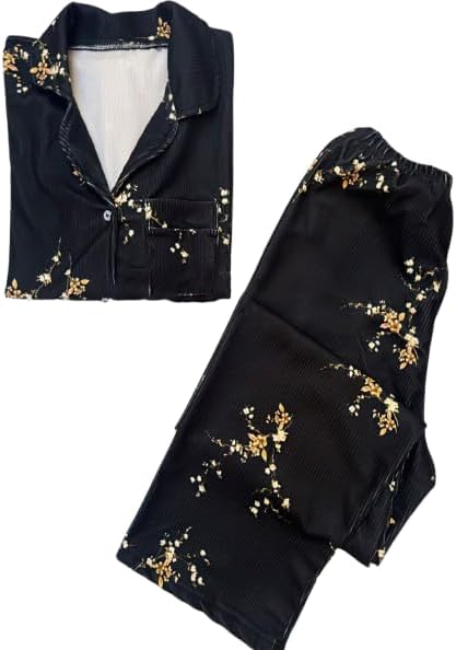 بيجامة شتوي كاجوال للنساء قطعتين قطيفة بزراير مقاس موحد كود 5398 لون اسود