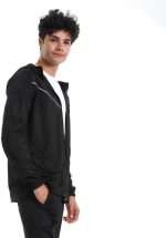 ⁦Men's Athletic Tracksuit Set, Black with White Trim, Hooded Zip-Up Jacket and Jogger Pants⁩ - الصورة ⁦2⁩