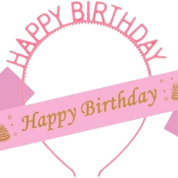 طقم وشاح وتاج لعيد ميلاد سعيد للفتيات، ديكورات الحفلات (بينك)