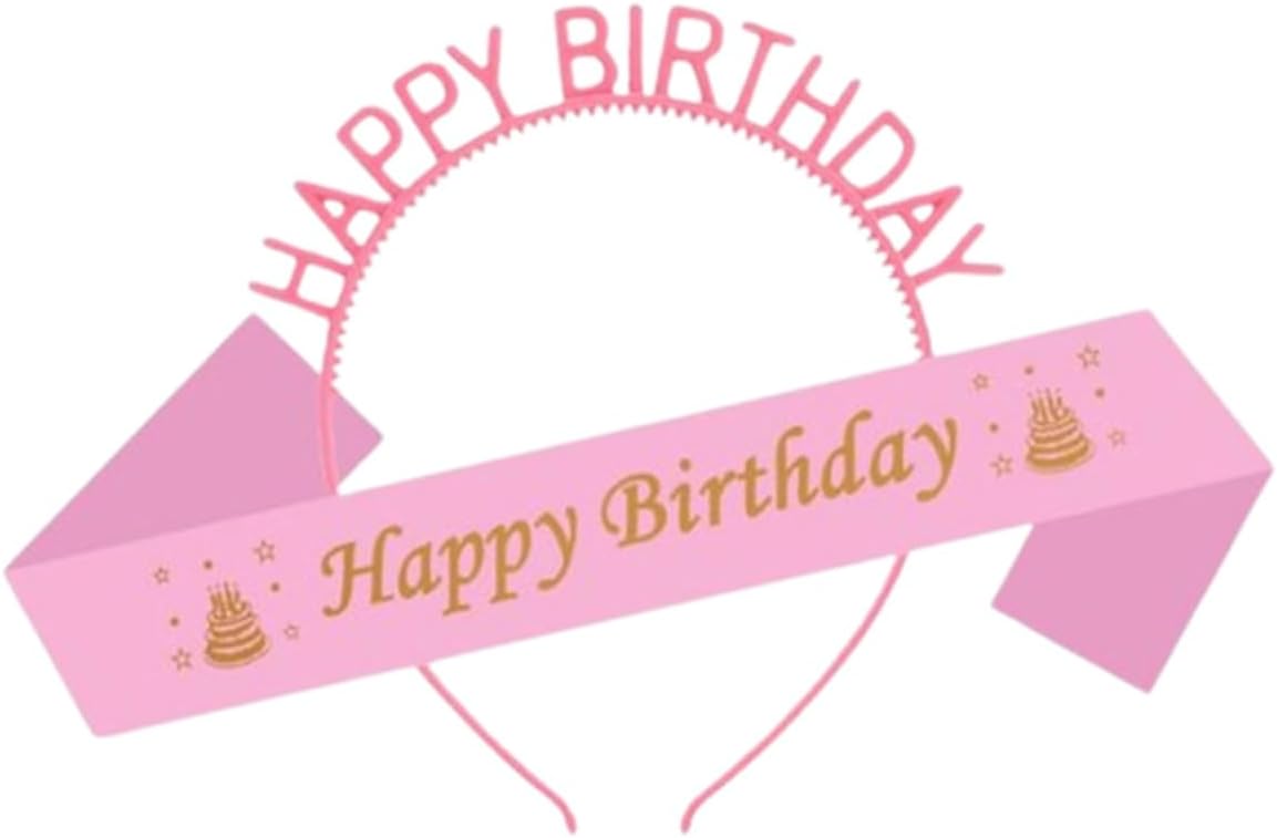 41PNN1MuOpL._AC_SL1278_.jpg طقم وشاح وتاج لعيد ميلاد سعيد للفتيات، ديكورات الحفلات (بينك)