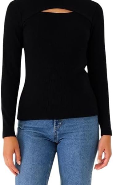 كنزة نسائية سوداء بأكمام طويلة، تصميم مميز بفتحة في الصدر، قماش محبوك