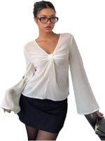 قميص شيفون سادة باكمام طويلة ورقبة شكل V للنساء، تصميم ملتف على الطراز الفرنسي للربيع/الصيف