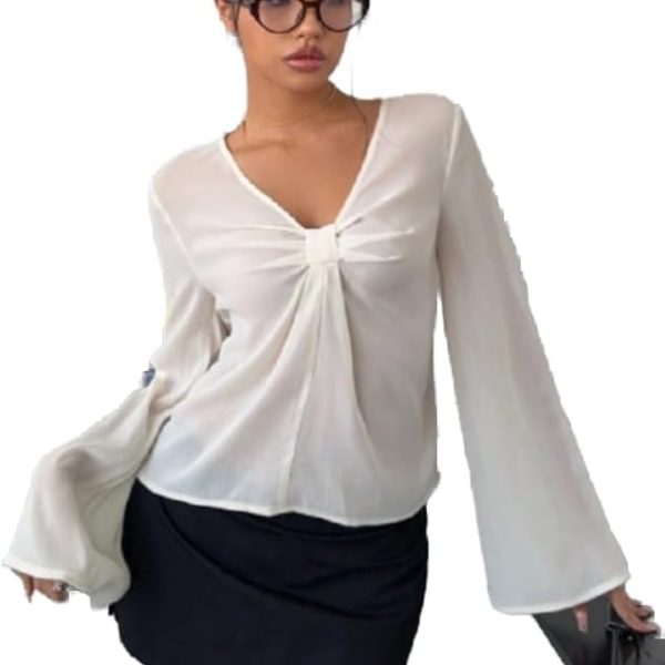 قميص شيفون سادة باكمام طويلة ورقبة شكل V للنساء، تصميم ملتف على الطراز الفرنسي للربيع/الصيف