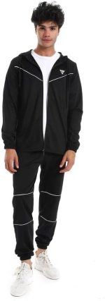 Men's Athletic Tracksuit Set, Black with White Trim, Hooded Zip-Up Jacket and Jogger Pants