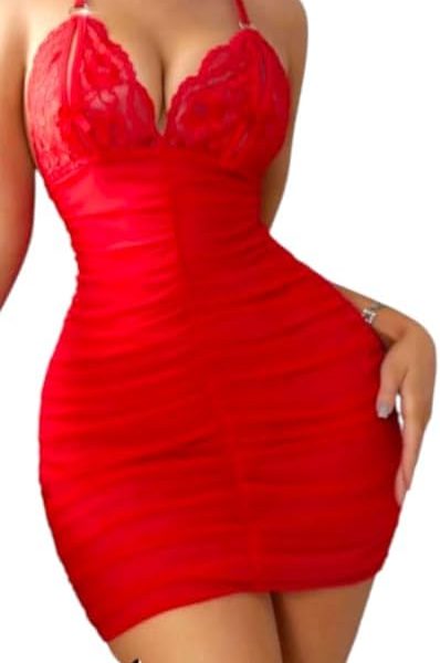 فستان قصير ضيق مثير بالدانتيل والكسرات - أحمر ناري