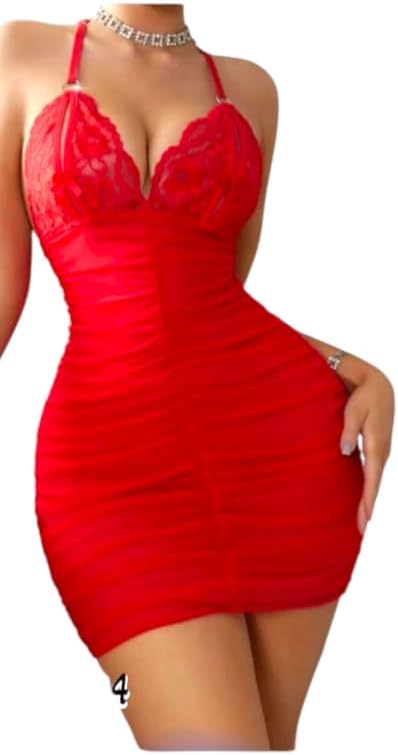41yME5Yhj8L._AC_SL1200_.jpg فستان قصير ضيق مثير بالدانتيل والكسرات - أحمر ناري