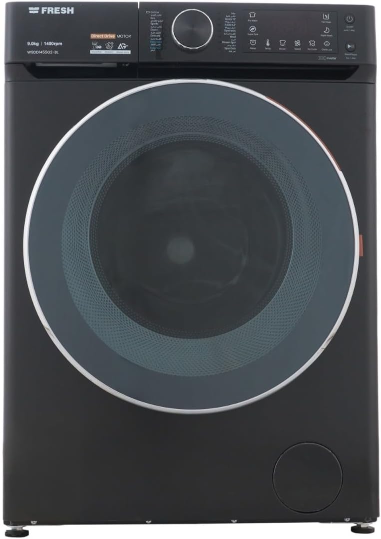 غسالة ملابس سعة 9 كجم و1400 لفة في الدقيقة وباب زجاجي الجيل الثاني مع محرك دفع مباشر من فريش، أسود