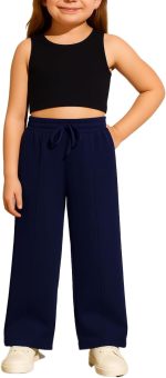 بنطلون رياضي بأرجل واسعة مع خط للأطفال والمراهقين - خصر مرتفع - بنطلون برباط وجيوب جانبية للبنات - بنطلون رياضي كاجوال فضفاض - ملابس رياضية للارتداء اليومي