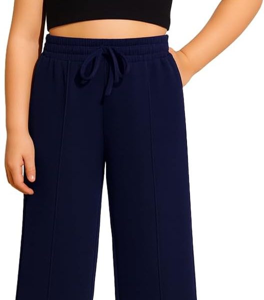 بنطلون رياضي بأرجل واسعة مع خط للأطفال والمراهقين - خصر مرتفع - بنطلون برباط وجيوب جانبية للبنات - بنطلون رياضي كاجوال فضفاض - ملابس رياضية للارتداء اليومي