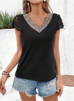 ⁦Women's Lace Short Sleeve Top, V-Neck with Rhinestone Detail, Black⁩ - الصورة ⁦2⁩
