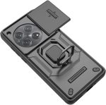 ⁦جراب متوافق مع وان بلس 12 - غطاء حماية مزدوج شديد التحمل ومضاد للانزلاق مع حلقة معدنية - مع غطاء حماية منزلق للكاميرا يغلق بإحكام - أسود⁩ - الصورة ⁦4⁩