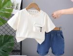 ⁦Boys Outerwear Set - 2 Piece Front Pocket T Shirt with Side Pockets Denim Shorts Fashion Comfortable Design for Boys (White, 6 (5-6 Years)⁩ - الصورة ⁦2⁩