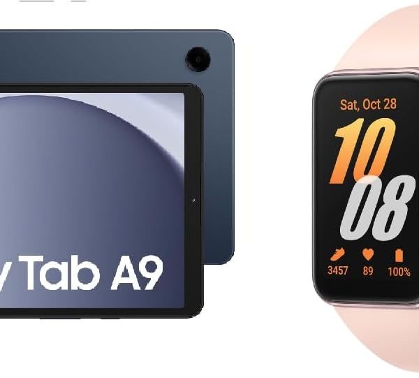 Samsung Galaxy Tab A9 LTE Android Tablet, 4GB RAM, 64GB Storage, Navy With Samsung Galaxy Fit3 Band, Exercise and Sleep Tracking, Fall Detection, Bluetooth, 40mm-Pink Gold
