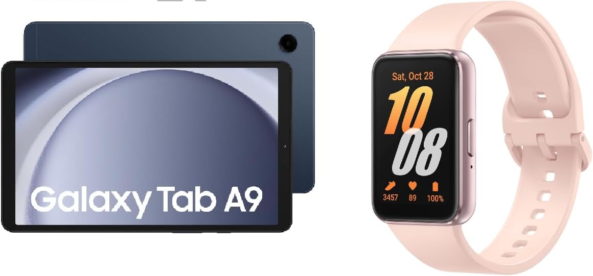 51FQIYjG9L._AC_SL1187_.jpg Samsung Galaxy Tab A9 LTE Android Tablet, 4GB RAM, 64GB Storage, Navy With Samsung Galaxy Fit3 Band, Exercise and Sleep Tracking, Fall Detection, Bluetooth, 40mm-Pink Gold