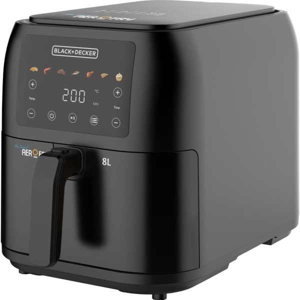 Black & Decker 1700W Air Fryer - 8L Capacity, Digital Touch Control, 7 Preset Functions, Adjustable Temp Timer, Rapid Air Convection, Shake Alert, Removable Crisper Plate - SAF80-B5.