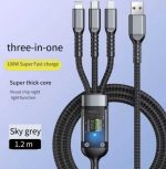 ⁦Multi USB Cable 3 in 1 Braided Fast Charging 6A/100W - Smart Chip - Thicker Version Compatible with Lightning/Micro/Type-C - Multi Fast Charging Cable 3 in 1 Type C - (Black)⁩ - الصورة ⁦2⁩