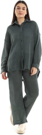 JAMILA Women Set Of Cotton Buttoned Shirt & Elastic Pants COORDINATED_OUTFIT