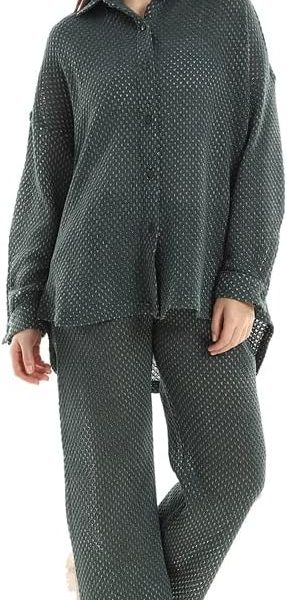 JAMILA Women Set Of Cotton Buttoned Shirt & Elastic Pants COORDINATED_OUTFIT