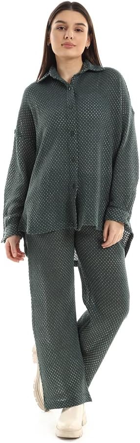 51MGNqD59TL._AC_SL1000_.jpg JAMILA Women Set Of Cotton Buttoned Shirt & Elastic Pants COORDINATED_OUTFIT