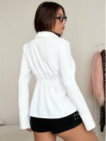 ⁦Women's Twist Front Collared Blouse, Long Sleeve, White, Regular Fit⁩ - الصورة ⁦3⁩