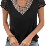 Women's Lace Short Sleeve Top, V-Neck with Rhinestone Detail, Black