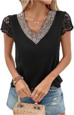 Women's Lace Short Sleeve Top, V-Neck with Rhinestone Detail, Black