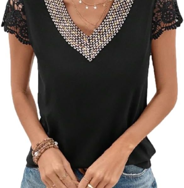 Women's Lace Short Sleeve Top, V-Neck with Rhinestone Detail, Black