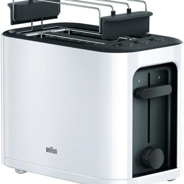 محمصة خبز بفتحة مزدوجة، صينية فتات قابلة للإزالة مع وظيفة الإحماء وإذابة الثلج و7 مستويات تحميص وأكسسوار كعكة منفصل من براون، أبيض HT3010WH