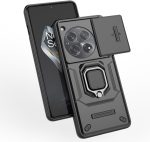 ⁦جراب متوافق مع وان بلس 12 - غطاء حماية مزدوج شديد التحمل ومضاد للانزلاق مع حلقة معدنية - مع غطاء حماية منزلق للكاميرا يغلق بإحكام - أسود⁩ - الصورة ⁦2⁩