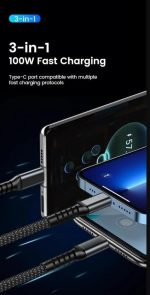 ⁦Multi USB Cable 3 in 1 Braided Fast Charging 6A/100W - Smart Chip - Thicker Version Compatible with Lightning/Micro/Type-C - Multi Fast Charging Cable 3 in 1 Type C - (Black)⁩ - الصورة ⁦5⁩