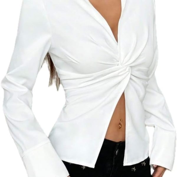Women's Twist Front Collared Blouse, Long Sleeve, White, Regular Fit