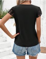 ⁦Women's Lace Short Sleeve Top, V-Neck with Rhinestone Detail, Black⁩ - الصورة ⁦6⁩